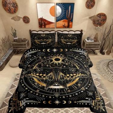 Imagem de Manfei Jogo de cama Queen com traça gótica, estilo boho, sol, lua, decoração de quarto de meninos e meninas, tribal, exótico, geométrico, preto, dourado, conjunto de edredom com 3 peças, 2 fronhas