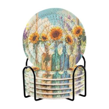 Imagem de Porta-copos de girassóis coloridos para garrafas, pacote com 6 com suporte preto, 10 cm de diâmetro, conjunto de 6 porta-copos com suporte