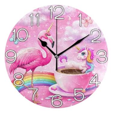 Imagem de GAIGEO Relógio de parede analógico decorativo redondo sem tique-taque silencioso relógio de sala de aula, arte de decoração moderna de meados do século, lindo unicórnio flamingo fantasia rosa, 25 cm