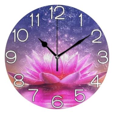 Imagem de GAIGEO Relógio de parede analógico decorativo redondo sem tique-taque silencioso relógio de cozinha fofo, arte de parede boho decoração de casa, flor de lótus rosa brilhante, 25 cm, ponteiros dourados