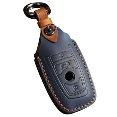 Imagem de Conjunto de capa de chave de carro de couro feito à mão compatível com BMW 520 F10 F30 F18 118i 320i 1 3 5 7 Series X3 F25 X4 M3 M5 Acessórios para chaveiro(B Type blue)