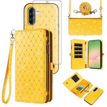 Imagem de Capa de celular para Samsung Galaxy A36 5G Carteira com zíper destacável com protetor de tela transversal alça de cordão Bling Glitter Flip porta-cartões A 36 36A LTE SM-A366U mulheres meninas amarelo