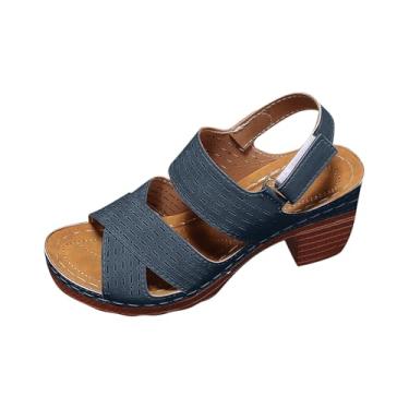 Imagem de Sandálias femininas casuais de salto plataforma com fivela de uma tira e boca de peixe múltiplas, Azul-royal escuro, 39
