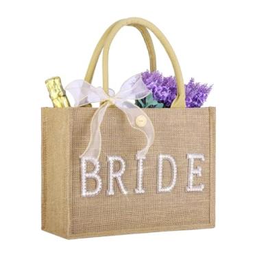 Imagem de Wukfuiui Bolsa para noiva, bolsa de presente personalizada para chá de panela, bolsa de juta natural com fita para presente de casamento, Contorno dourado, 13 x 9.5 x 4.7 inches