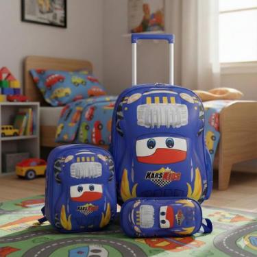 Imagem de Kit Mochila De Rodinha Infantil Menino 3 Peças Kars Kids 3D, Azul
