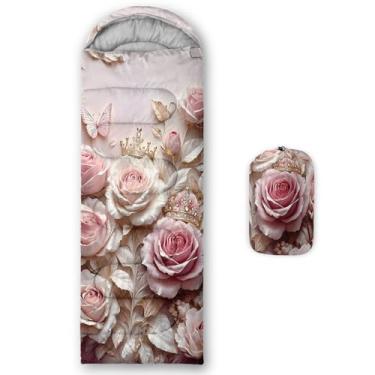 Imagem de QOOMO Sacos de dormir à prova d'água rosa rosa para adultos e crianças, sacos de dormir estampados para acampamento, clima quente e frio, leve, viagem e ao ar livre, equipamentos de acampamento, 78,7