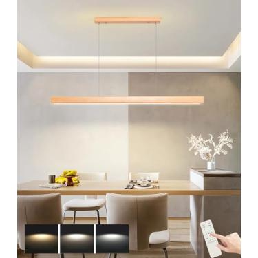 Imagem de Lustre de LED em madeira, estilo moderno, com intensidade ajustável e controle remoto, ideal para sala de jantar, escritório, bar e uso comercial (cor: madeira, 120 cm de comprimento).