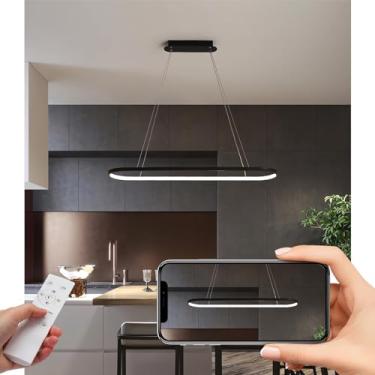 Imagem de Luminária pendente LED oval com intensidade regulável e controle remoto. Altura ajustável com função de memória, ideal para restaurantes, cozinhas, salas de estar, escritórios e bares (preta