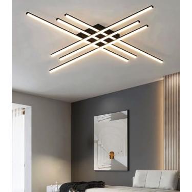 Imagem de Luminária de teto LED, design moderno e curvo, preta, com controle remoto, 4 painéis de LED integrados, dimerizável, em metal, para salas de estar, quartos e cozinhas.