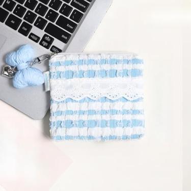 Imagem de Bolsa de maquiagem coreana Puff – Porta-moedas com acabamento em renda, bolsa leve multiuso para cosméticos e armazenamento (azul)