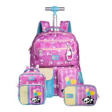 Imagem de Kit Mochila Rodinhas Panda Coração Escolar Lancheira Estojo Cor:Rosa, 