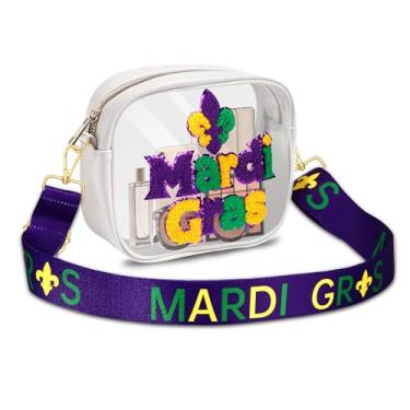 Imagem de ANGLESJELL Bolsa feminina de carnaval transparente floral de lis, bolsa tiracolo para carnaval, acessórios para roupas de carnaval, Roxo verde amarelo 1, Mardi Gras