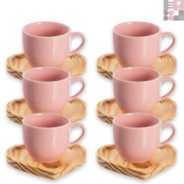 Imagem de Kit Jogo 6 Xícaras de Café Em Porcelana Com Pires Coração Em Madeira P