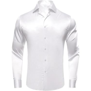 Imagem de Camisas Masculinas De Cetim De Seda Branca Solid Long Sleeve Button Down Social Dress Suit Shirt, Cy-1642, M