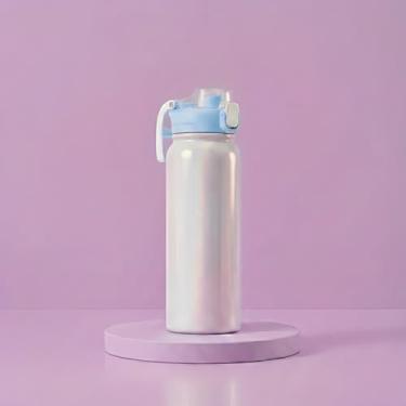 Imagem de Garrafa Térmica 550ml com Efeito Holográfico e Dupla Saída de Água | Canudo Retátil e Bico, Tampa Antivazamento e Alça (Azul)