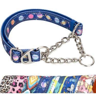 Imagem de Coleira antiderrapante para cães Martingale - Coleira de treinamento ajustável antipuxão com design de corrente de estrangulamento seguro, padrão espacial azul para cães médios, grandes e GG (grande)