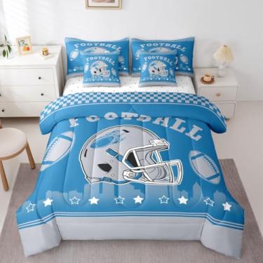 Imagem de Erosebridal Jogo de cama casal com edredom esportivo de 7 peças, lençol de cima e lençol com elástico para crianças e adultos, azul (Detroit)