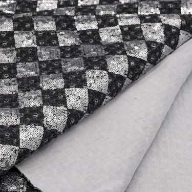 Imagem de Tecido jeans de algodão com lantejoulas pretas, 140 cm de largura, peso de 283 g, bordado patchwork, acabamento lavado com acabamento elástico para roupas retrô, costura DIY, jaquetas, jeans, bolsa