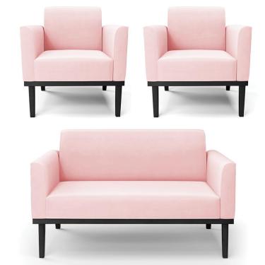 Imagem de Sofá Namoradeira E 2 Poltronas Base Madeira Preto Maressa Suede Rosa Bebê - Ibiza