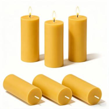 Imagem de Velas de pilar de cera de abelha 100% pura de 5 x 10 cm - Pacote com 6, queimaduras naturais sem cheiro, de longa duração, ideal para casa, casamentos, igrejas e meditação, queimaduras limpas e não