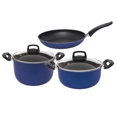 Imagem de Jogo De Panelas Antiaderentes Azul Royal 3 Peças Com Caldeirão