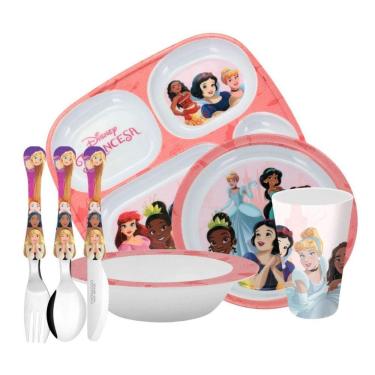 Imagem de Jogo Refeição Infantil Princesas Disney 7 Peças Bandeja Divisória, Prato Fundo, Tigela, Copo E Talheres- Tuut