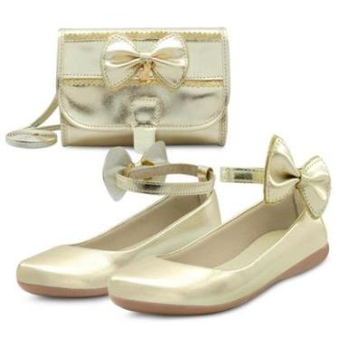 Imagem de Kit Sapatilha Infantil Menina Festa MzKid Com Bolsa Laço Feminina Boneca Dourada-Feminino