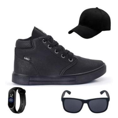Imagem de Tenis Botinha Infantil Meninos Casual Cano Alto Confortavel + Bone Oculos Relogio-Masculino
