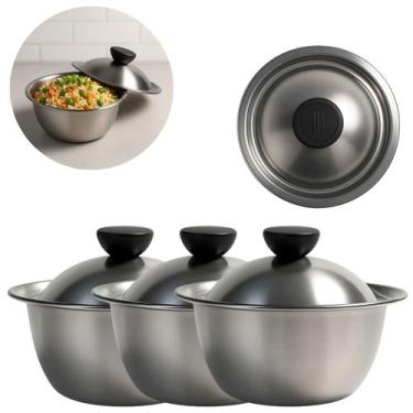 Imagem de 3 Tigelas Bowl De Metal C/ Tampa 550ml Saladeira Resistente - Fx