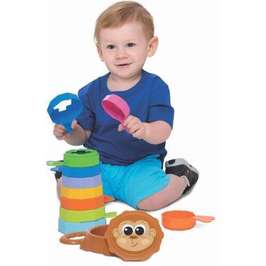Imagem de Brinquedo Educativo Baby Macaco com 10 Formas Geométricas Coloridas para Empilhar Mercotoys