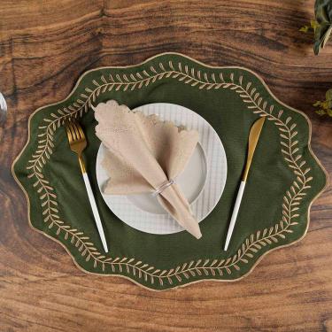 Imagem de Jogo Americano Atena 12 Peças Decorativo em 100% Poliéster Bordado Prático para Mesa de Jantar Verde Musgo Clara Luz