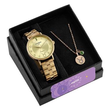 Imagem de Kit Relógio Analógico Masculino Signo Touro em Aço Inox com Diferencial Dourado e Colar 40MM Mondaine