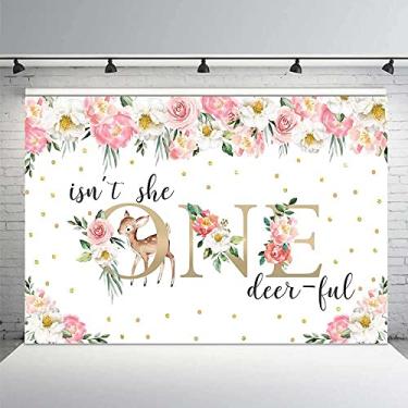 Imagem de MEHOFOND 2,1 x 1,5 m Cenário de Primeiro Aniversário para Meninas Rosa Aquarela Isn't She One-Deer-ful Banner Sweet Princess Party Decor Golden Dots Supplies Photobooth Supplies Cake Smash Table