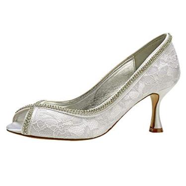 Imagem de Sapato feminino de renda Peep Toe casamento salto gatinha strass sandália vestido de noiva show formatura noite, Marfim, 8.5