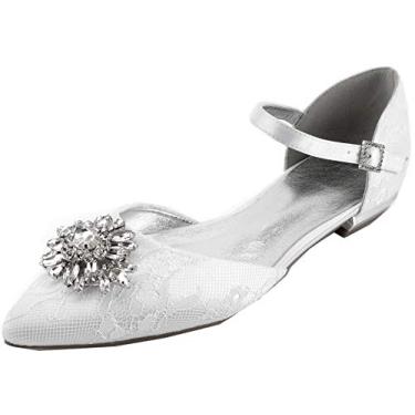 Imagem de Sapato feminino com strass cadarço bico fino sapatos de noiva tira no tornozelo sapatilha para mulheres bico fechado, Prata, 9.5