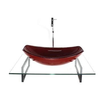 Imagem de KIT CUBA DE VIDRO OVAL CHANFRADA VERMELHO CEREJA COM TAMPO 60CM INCOLOR E SUPORTE TORNEIRA VALVULA