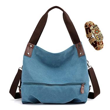 Imagem de Bolsa Feminina Lona Vintage Bolsa de Ombro Casual (Azul)