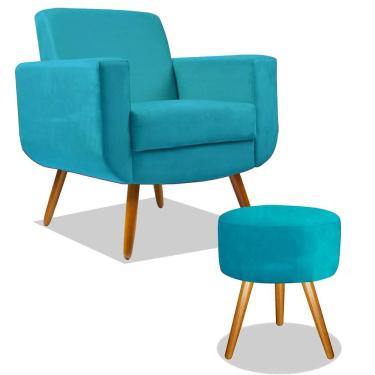 Imagem de Combo Poltrona Decorativa Cristal com Puff Redondo Pés Madeira Suede Turquesa
