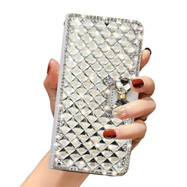 Imagem de Omio Capa carteira para iPhone 13 Pro Max luxuosa glitter bling diamante porta-cartão capa feminina com suporte arco de cristal brilhante à prova de choque antiderrapante moda capa flip para iPhone 13 Pro Max capa branca