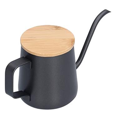 Imagem de Despeje sobre a chaleira de café Mini 12 onças 350 ml Chaleira de pescoço de ganso preta com tampa de bambu Bico longo estreito Panela manual para fazer café Máquina de café de aço inoxidável Bule de