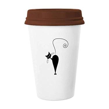 Imagem de Caneca preta gato Halloween animal arte contorno caneca café copo cerâmica copo tampa
