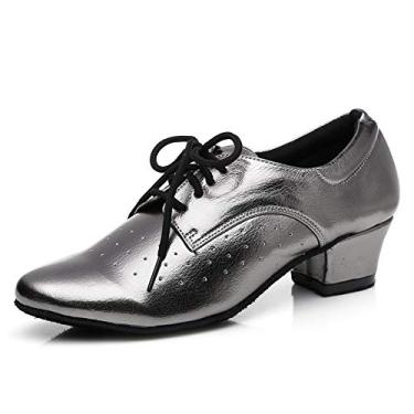 Imagem de Sapato feminino de dança latino para prática de salão de dança floral malha com cadarço salto baixo tango salsa vestido de festa, Salto branco-prata-4 cm - m291, 8.5