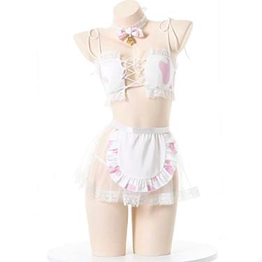 Imagem de SINROYEE Biquíni feminino sexy de vaca cosplay Lolita Maid conjunto de sutiã e calcinha kawaii anime japonês lingerie, Roupa de empregada de vaca #Rosa, Tamanho Único