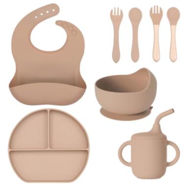 Imagem de Kit de Alimentação Bebê 8 peças Pratinho com Ventosa Babador 4 Talheres Bowl Copo e Canudo Silicone Premium com Ventosa Livre de BPA Antitóxico (Caramelo) (Caramelo)