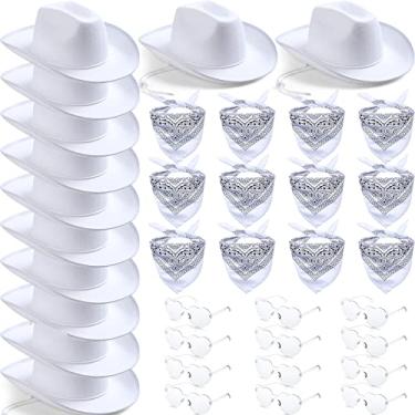 Imagem de 36 peças chapéu de cowboy adulto com bandana coração óculos de sol unissex chapéu de cowboy de feltro masculino feminino chapéu de festa ocidental fantasia de cowboy (estilo simples)