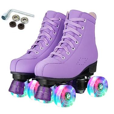 Imagem de SilverTree Patins Derby femininos e masculinos de couro PU de cano alto para adultos, iluminados, unissex, tamanhos 6,5-13, cores: roxo, preto