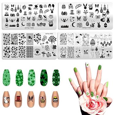 Imagem de ALIBBON Conjunto de 4 peças de placas de estampagem de unhas de Páscoa, modelos de carimbos de arte de unhas do dia de São Patrício, kit de modelos de carimbo de coelho de ovo de Páscoa, placas de metal de trevo irlandês para decoração de impressão DIY 12 x 6 cm