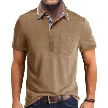 Imagem de Camisa polo masculina casual com botão e manga curta, clássica, básica, gola xadrez, gola xadrez com bolso, Khaki-ss, GG