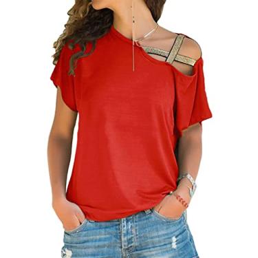 Imagem de Camisetas Femininas Sem Ombro, Cor Pura Casual Verão Fora do Ombro para Mulheres, Soltas para Casual para Namoro para Escritório (XXL)