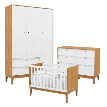 Imagem de Quarto de Bebe Unique 3 Portas com Cômoda 6 Gavetas Freijó Branco Soft Eco Wood - Matic